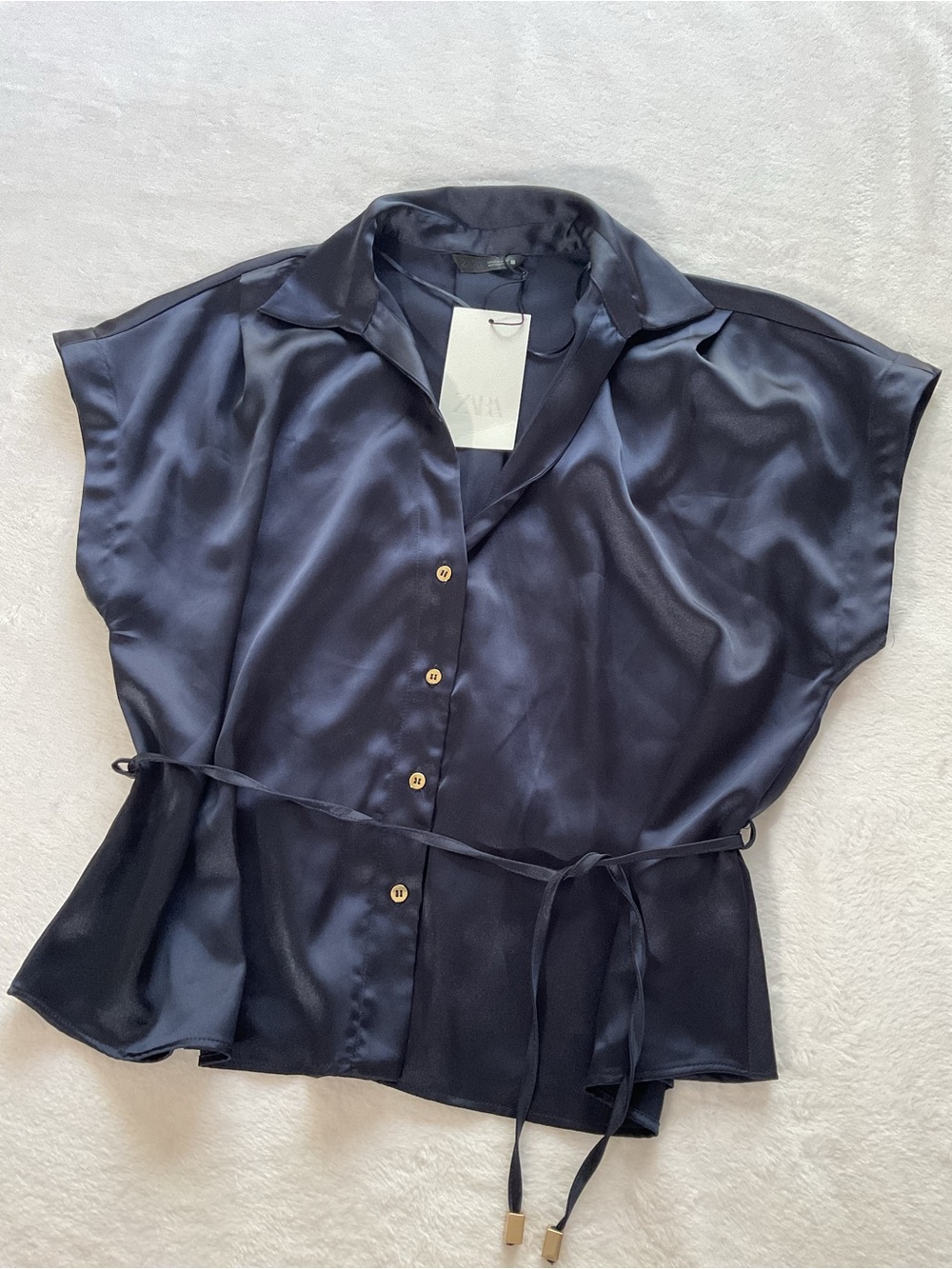 ZARA Satin Navy Blouse Size M Belted Button Front Top NWT Chic Elegant - Picture 3 of 9